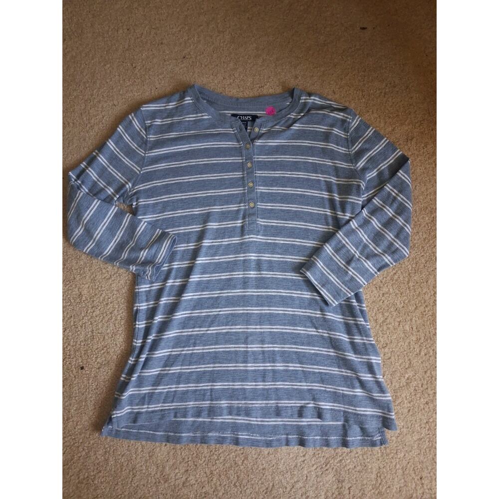 Chaps Women's Long Sleeve Blue White Striped Cotton Button-Up Shirt Size S